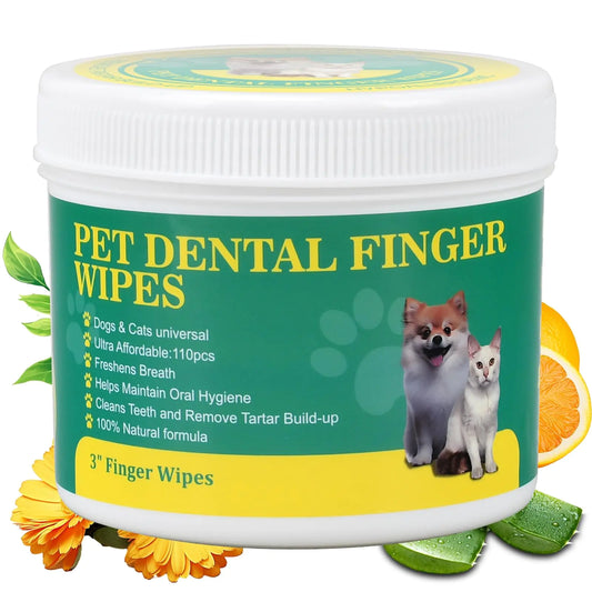 OPULA 110Pcs Dog Teeth Cleaning Finger Wipes Pet Dental Wipes for Cats & Dogs Dog Teeth Cleaner Freshen Breath Reduce Plaque & Tartar All Natural Formulated Dog Dental Care Wipes